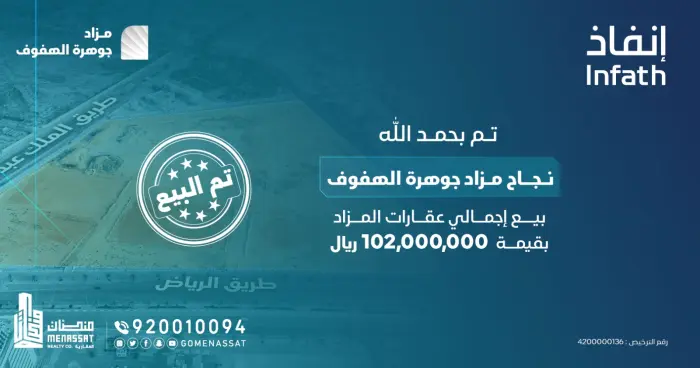 The "Jawharat AlHafuf" Auction Was a Resounding Success, Achieving Sales Exceeding SAR 102,000,000. - Manassat Real Estate Company